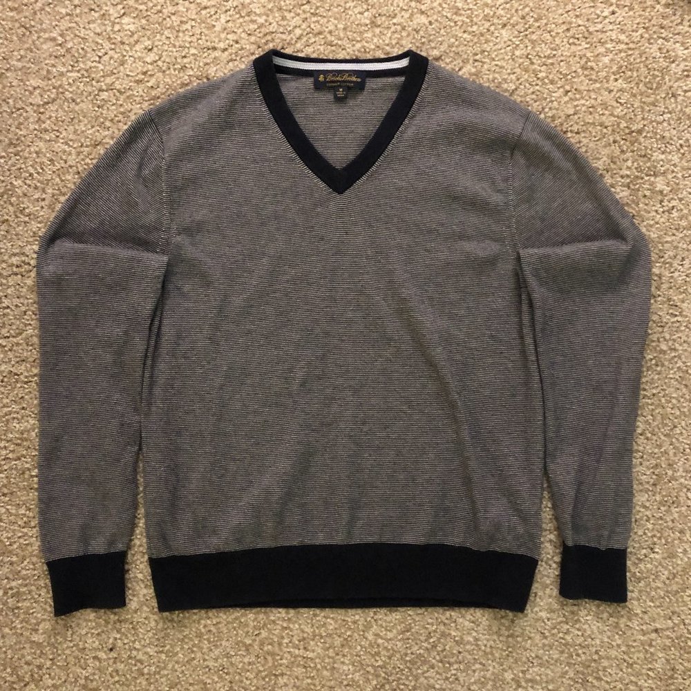 Brooks Brothers Blue Gray Striped M V-Neck Sweater